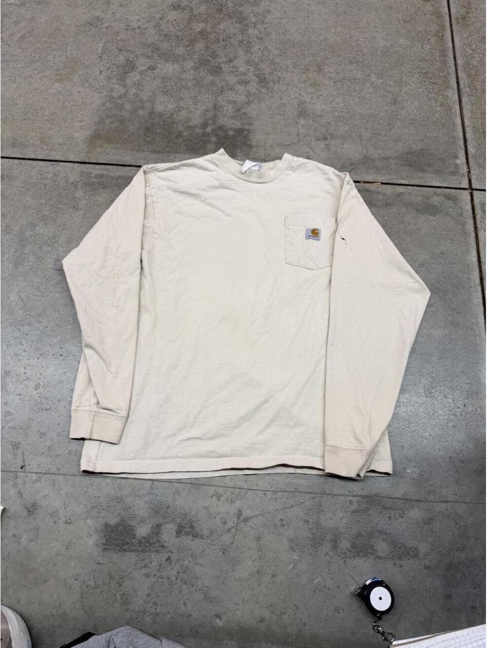 vintage carhartt beige small logo heavyweight pocket shirt size medium HAS STAIN